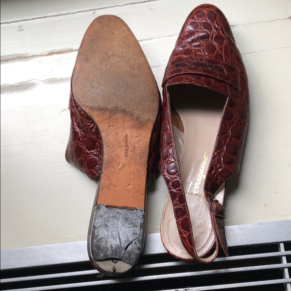 Ferragamo slingback croc embossed leather flats